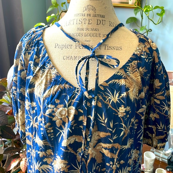 La Vie Rebecca Taylor 100% cotton blue and beige floral boho dress. XL - Picture 2 of 12